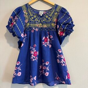 Sister Mary Floral Embroidered Blouse Short Sleeve Boho Peasant Small